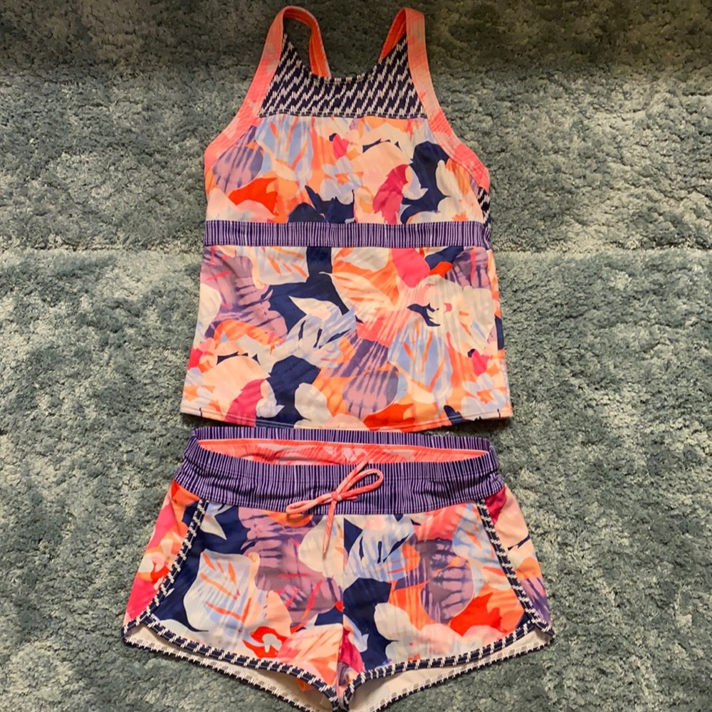 Athleta Girl Swimsuit Tankini & Cannon ball shorts-Sz large/12- Neon Pink,Blue